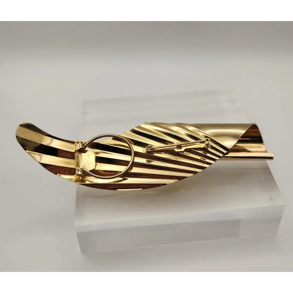 Vintage Modernist Brooch Gold Tone Pin 5 inch Leaf Wing Sculptural Scarf Clip